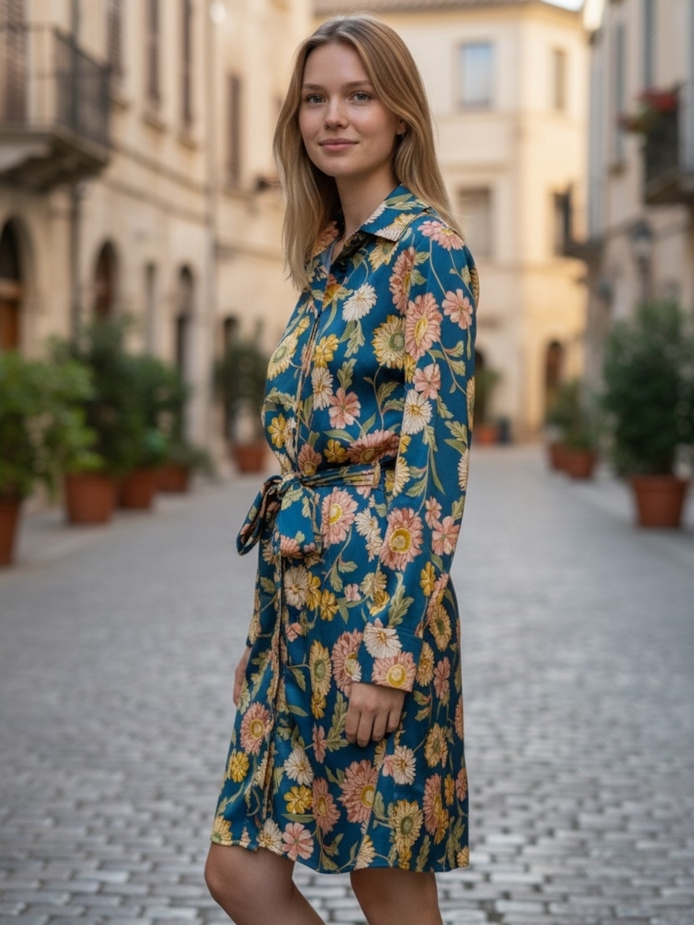 & merci Floral Teal Long-Sleeve Lined  Tie-Back Shirt Dress
